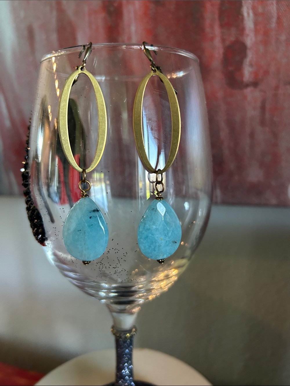 NEW!!  Brass Oval Drop Earrings with Blue Teardrop Stones